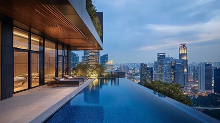 Obraz premium Luxury penthouse with infinity pool overlooking a cityscape at dusk.