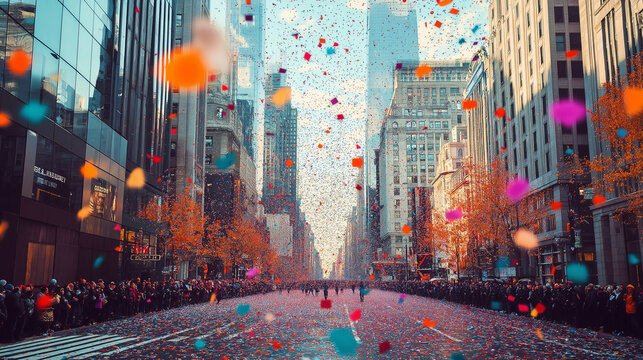 Spectacular view of the Macys Thanksgiving Day Parade with multi-colored confetti raining down on Manhattans bustling streets isolated on a gradient background 