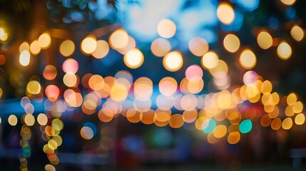 Abstract blurry blue background with decorative bokeh lights capturing an outdoor festival celebration
