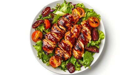 Grilled barbecue chicken salad with cherry tomatoes and mixed greens
