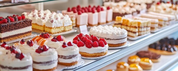 A bakery display filled with a variety of cakes, pastries, and tarts, all beautifully arranged, showcasing sweet baked indulgence.