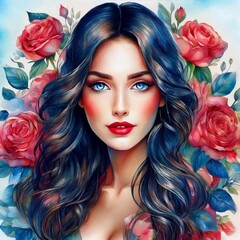 A woman who possesses long, flowing blue hair is gracefully surrounded by vibrant, blooming red roses all around her