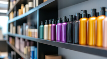 Stylish hair salon with modern equipment and a variety of hair botox products displayed on sleek shelves 