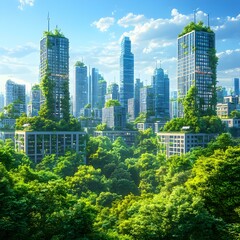 Modern urban skyline, lush greenery integrated, vibrant blue sky, architectural innovation, sustainable design, city thriving in harmony with nature