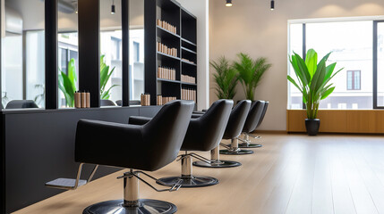 Stylish hair salon with modern equipment and a variety of hair botox products displayed on sleek shelves 