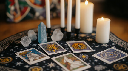 Tarot cards and astrological charts spread across a table with candles, crystals, and a celestial tapestry hanging behind 
