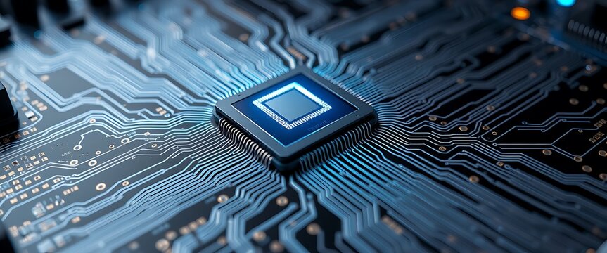 Close-up view of a microprocessor on a circuit board highlighting intricate design patterns and electrical pathways in a modern technology setup