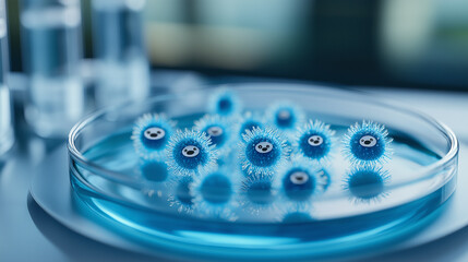 Virus particles with tiny sloth faces floating in a petri dish under a soft, bluish laboratory light 