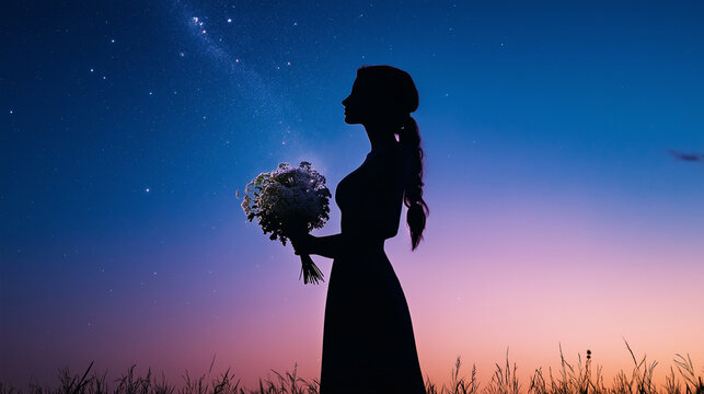 Virgo-themed horoscope image with a celestial maiden holding a bouquet of flowers, against a glowing starry sky 