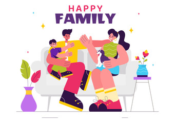 Happy Family Vector Illustration Featuring Mom, Dad, and Children Celebrating Love and Happiness in a Flat Style Cartoon Background