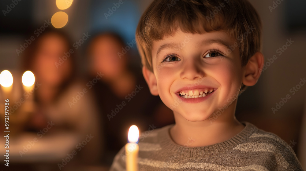 Poster Young child smiling with delight, holding a lit candle for the Hanukkah menorah, family in background 