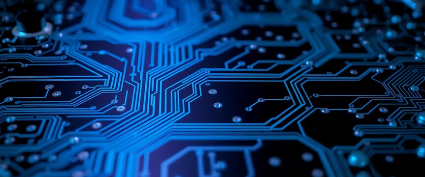 Close-up view of a blue circuit board showcasing intricate designs and connections during a technological design process