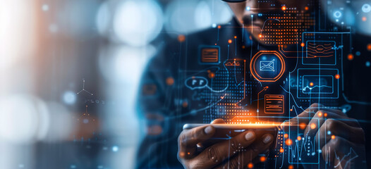 Fototapeta premium Young businessman securing mobile banking with biometrics - fingerprint and facial recognition scanning for cybersecurity, data protection on smartphone