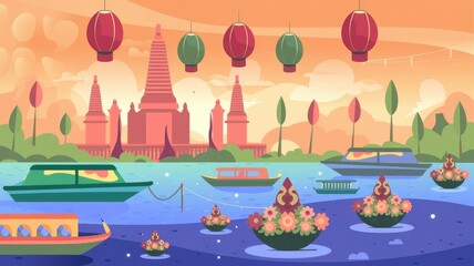 Fototapeta premium Loy Krathong Festival Greeting Card with White Background Design