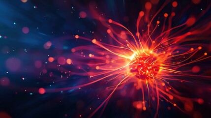 Fototapeta premium A vibrant abstract representation of a glowing particle surrounded by colorful beams and effects, ideal for science and technology themes.