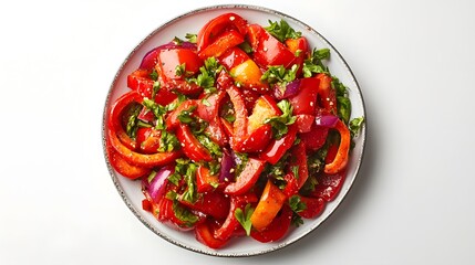 Fresh summer red pepper salad with basil and onions on a white plate