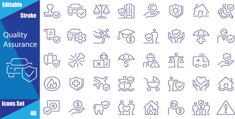 Quality assurance and control editable stroke outline icons set isolated on white background flat vector illustration.