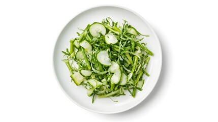 Fototapeta premium Fresh green salad with cucumber and arugula on white background