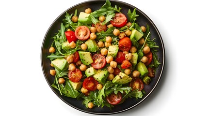 Fresh chickpea salad with cherry tomatoes, cucumbers, and arugula