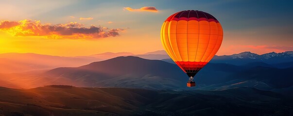 A vibrant hot air balloon soaring above mountains at sunset, creating a picturesque view of nature and adventure.