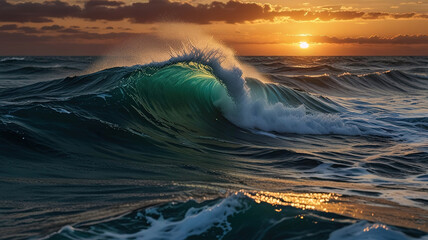 Ocean Waves Crashing at Sunset. Generative AI