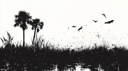 A serene black-and-white landscape featuring palm trees, grasses, and birds in flight.
