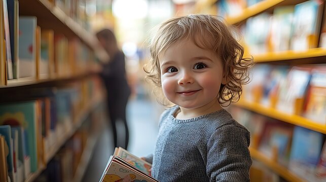A child and an adult happily exploring the vibrant children’s section of a library, surrounded by colorful shelves filled with picture books, soft light casting gentle shadows,