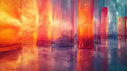 Glass cylinders reflecting colorful light.
