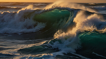 Ocean Waves Crashing at Sunset. Generative AI