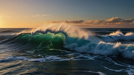 Ocean Waves Crashing at Sunset. Generative AI