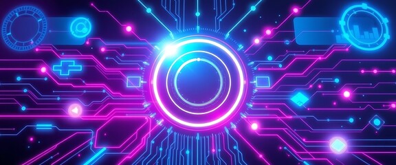 Obraz premium Bright digital circuits and glowing icons represent technology and innovation in a futuristic design at night