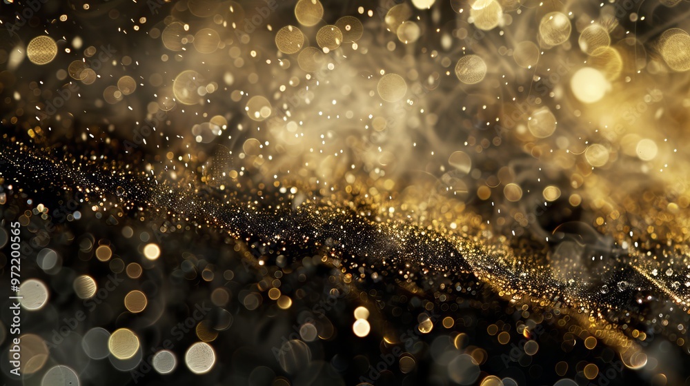 Wall mural elegant abstract gold bokeh lights on a dark black background, creating a luxurious and shimmering e