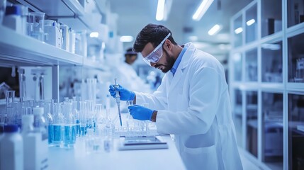 A scientist in a lab coat and safety glasses carefully uses a pipette to transfer liquid in a lab setting.