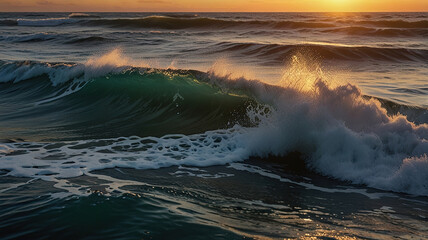 Ocean Waves Crashing at Sunset. Generative AI