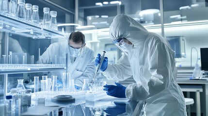 Two scientists in lab coats and protective gear working with beakers and test tubes in a lab.