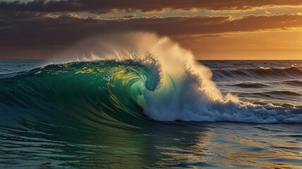 Ocean Waves Crashing at Sunset. Generative AI