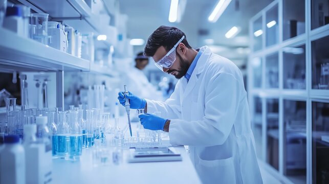 A scientist in a lab coat and safety glasses carefully uses a pipette to transfer liquid in a lab setting.