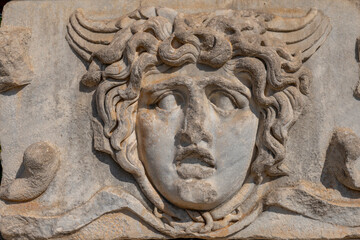 Turkey Aydin Province Didim District Didyma Apollon Temple Ruins Columns Worship and Prophecy Point and the Guardian of the Temple Medusa