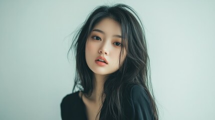 Naklejka premium Portrait of a Young Woman with Long Black Hair