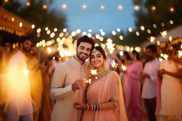 Indian couple holding firecrackers in hand celebrating on diwali festival.