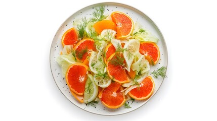 Fresh citrus and fennel salad with dill garnish on a white plate