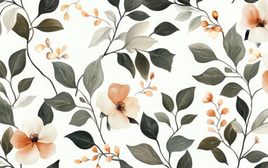 A dreamy, vintage botanical wallpaper with soft watercolor flowers, vines, and glowing fireflies, evoking a sense of timeless beauty and magic