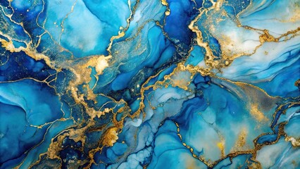 Naklejka premium Blue and gold alcohol ink art marble pattern in a medium shot