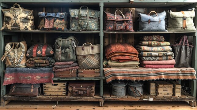 Secondhand Market Display, an assortment of bags and gently used woollen blankets arranged neatly on a shelf, inviting customers to explore unique finds and cozy textiles