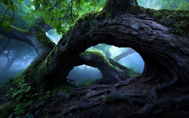 Fototapeta premium A fairytale forest where ancient trees are draped in magical vines, their trunks hollowed out to reveal secret passageways, surrounded by vibrant, magical vegetation