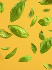 Naklejka premium Leckerer Basilikum-Hintergrund, frische Kräuter-Textur für Werbefläche. Aromatisches grünes Blattmuster. Kulinarisches Design, Food-Marketing. Natürlich, appetitlich, detailreich