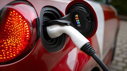 Close-up of an electric vehicle plug being inserted into the charging port