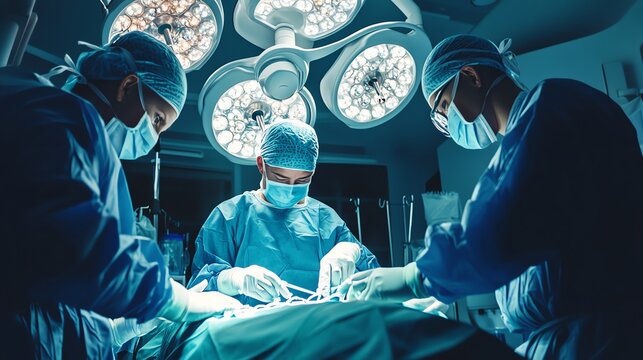 A team of surgeons performs a surgery in an operating room, illuminated by bright lights.