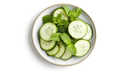 Fresh cucumber slices and mint leaves on white plate
