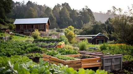 Organic produce farm with compost bins and sustainable practices in view